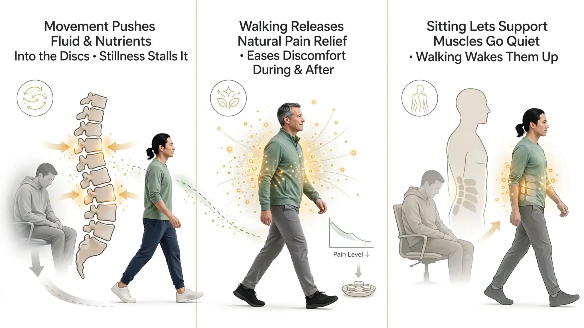Three-panel infographic showing why walking helps back pain Image