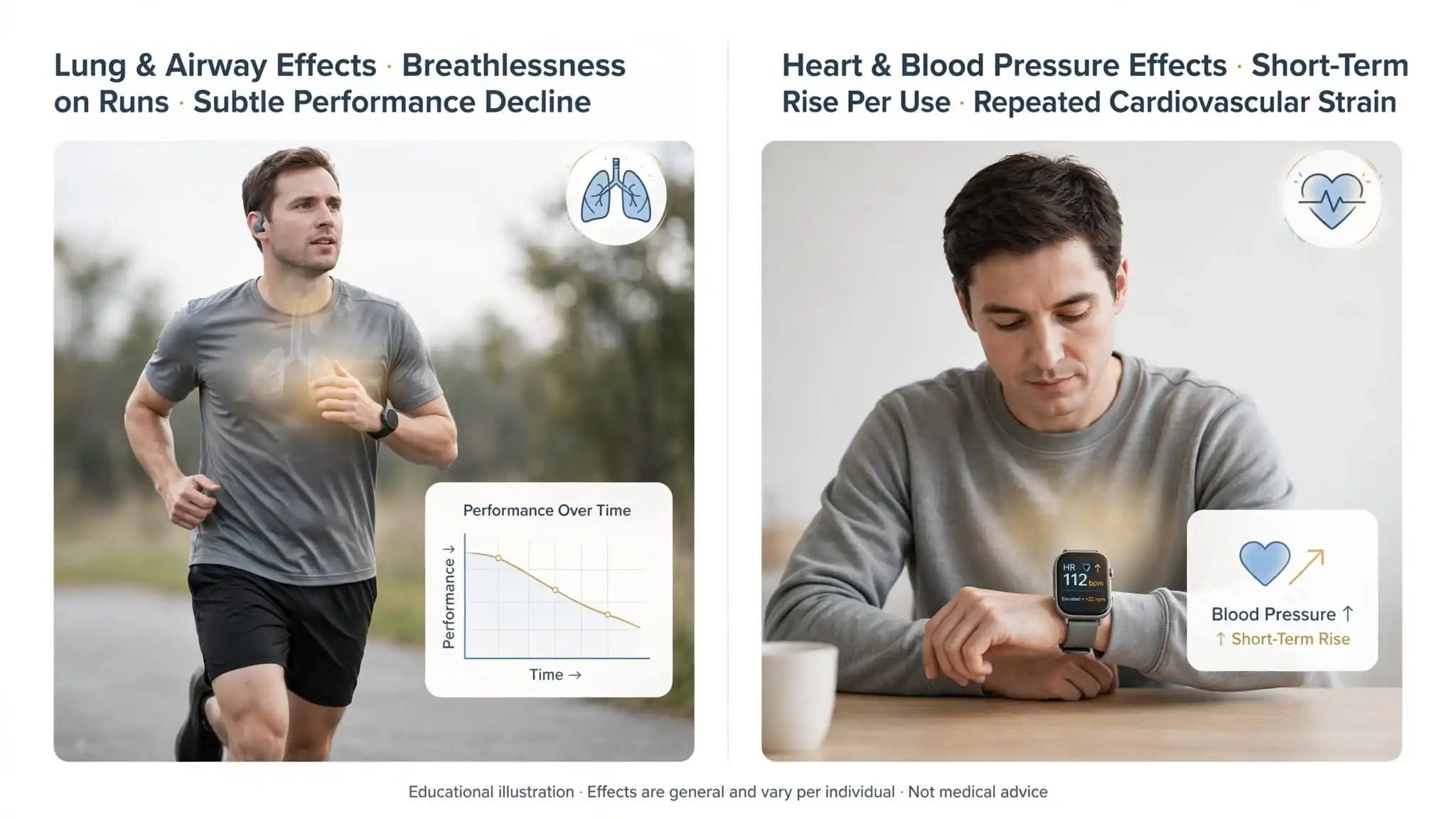 Two-panel infographic showing vaping's gradual effects on lung performance and heart health Image