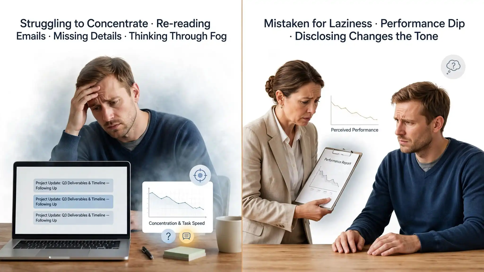 Two-panel infographic on concentration struggles at work Image